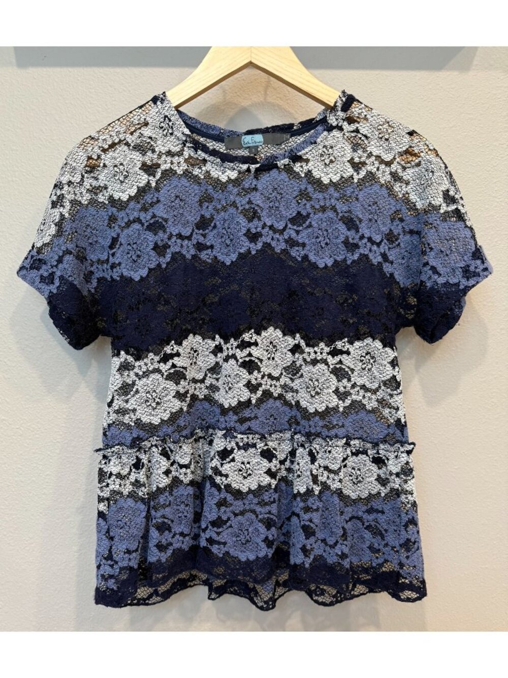 Eva Franco Anthropologie Blue Stripe Lace Floral Peplum Top Small Boho Prairie